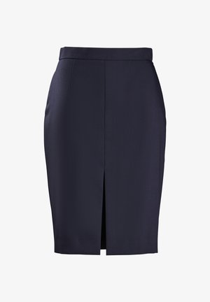 Jupe crayon bleu marine avec une silhouette droite, présentant une fente devant et une texture lisse. Taille simple, sans matériel ou motifs visibles.