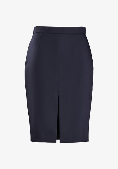 Laivastonsininen lyhyttakkihame, jossa on suora siluetti, etuosassa halkio ja sileä rakenne. Yksinkertainen vyötärö, ei näkyviä metalliosia tai kuvioita.