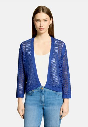 Młoda kobieta ubrana w niebieski otwarty sweter z dużym oczkiem na białym topie i jasnoniebieskich dżinsach, stojąca na jednolitym tle.