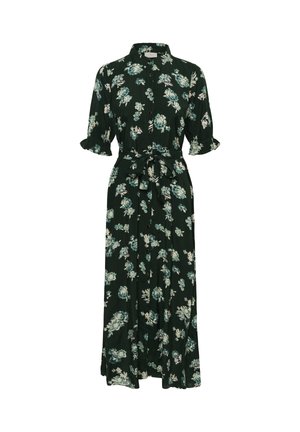 Florale maxi-jurk in donker groen met korte, gerimpelde mouwen, knoopsluiting aan de voorkant, tailleband en lichte bloemmotieven over de hele jurk.