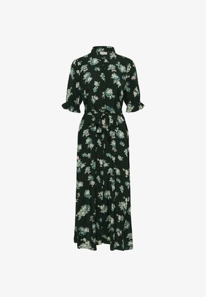 Florale maxi-jurk in donker groen met korte, gerimpelde mouwen, knoopsluiting aan de voorkant, tailleband en lichte bloemmotieven over de hele jurk.