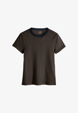 T-shirt a maniche corte con scollatura a girocollo a coste blu navy, caratterizzato da strisce orizzontali in marrone scuro e beige. Tessuto di cotone morbido.