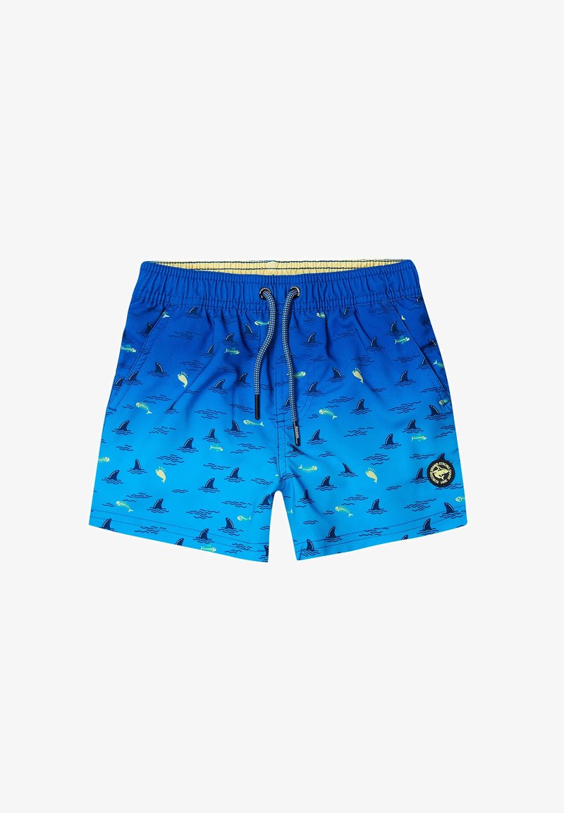 Mėlyni maudymosi šortai su gradientiniu dizainu, puošti geltonų žuvų ir tamsių ryklių pelekų raštais. Su reguliuojamu raišteliu juosmens.
