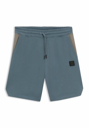 Blaugraue Shorts mit elastischem Bund, verstellbarem Kordelzug, braunen Seitentaschen und kleinem schwarzem Logo-Patch am rechten Bein.