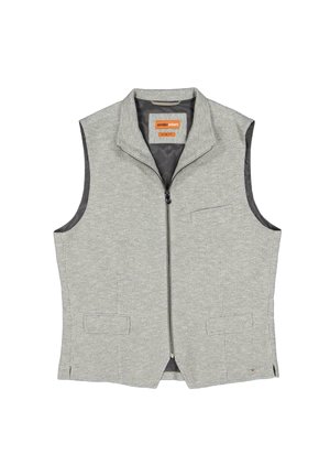 Graue, ärmellose Weste mit Reißverschluss vorne, Taschenakzenten und strukturiertem Stoff. Mit Kragen und glattem Innenfutter ausgestattet.