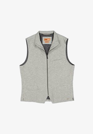 Graue, ärmellose Weste mit Reißverschluss vorne, Taschenakzenten und strukturiertem Stoff. Mit Kragen und glattem Innenfutter ausgestattet.