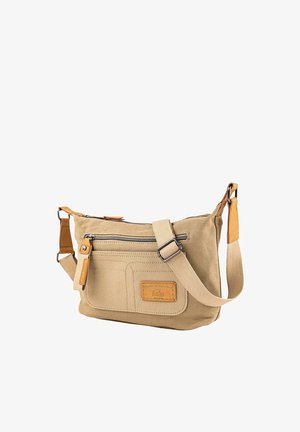 Bolso bandolera de lona beige con detalles de cuero, compartimento principal con cremallera, bolsillo frontal, correa ajustable y forma rectangular.
