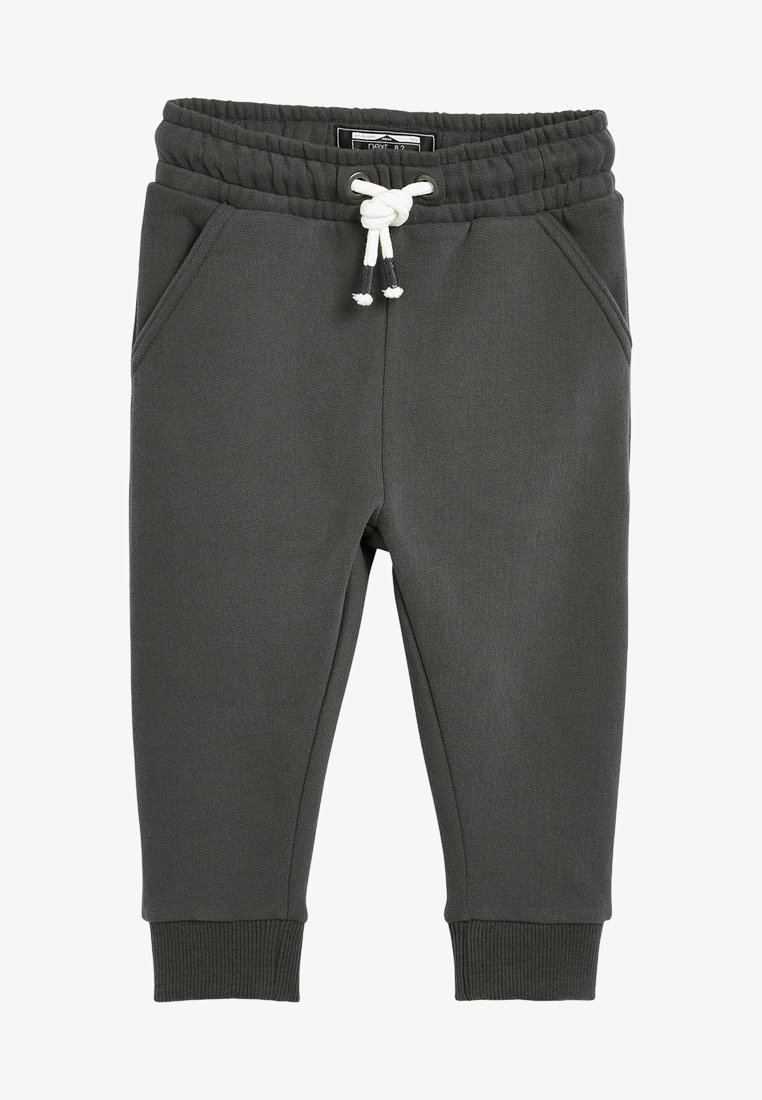 Dunkelgraue Sweatpants mit elastischem Bund und Kordelzug, ausgestattet mit zwei Seitentaschen und gerippten Bündchen an den Knöcheln. Weiche Textur.