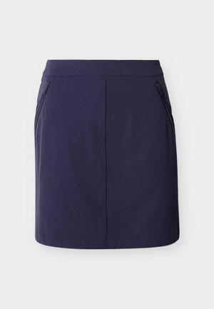 Jupe bleu marine longueur genou avec couture avant et deux poches zippées inclinées de chaque côté.