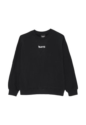 Felpa nera in cotone con collo a giro. Presenta maniche lunghe e una scritta bianca "Disclaimer" sul petto. Design semplice.