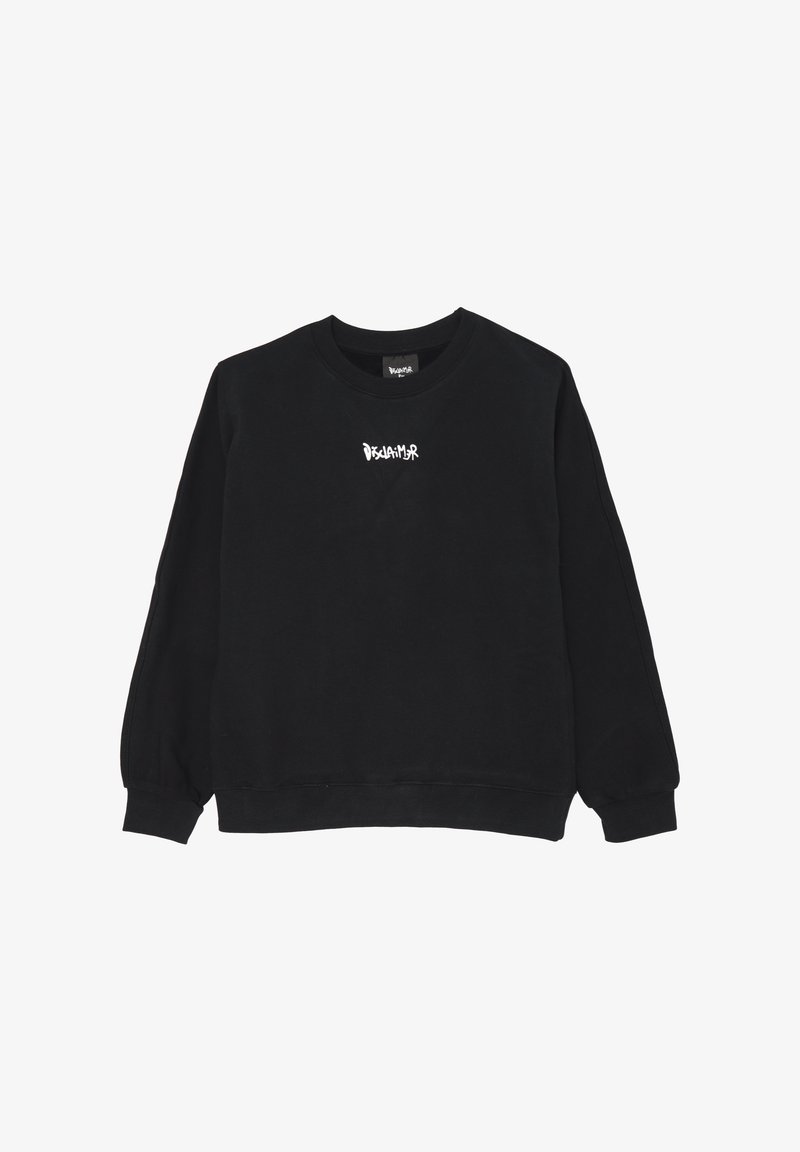 Felpa nera in cotone con collo a giro. Presenta maniche lunghe e una scritta bianca "Disclaimer" sul petto. Design semplice.