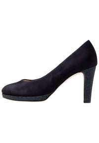 Marinblå mocka högklackad pumps med rund tå och en glittrig blå plattform. Har en standardhöjd blockklack och slät textur.