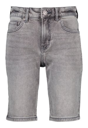 Grå denimshorts med lige snit, fem lommer og opfoldet kant; har en knaplukning og diskret falmning i stoffet.