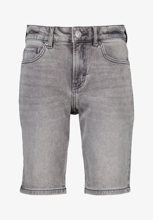 Graue Denim-Shorts mit geradem Schnitt, fünf Taschen und umgeschlagenem Saum; mit Knopfverschluss und dezentem Verblassen im Stoff.
