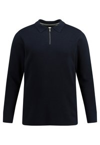 Marineblauer Pullover mit Zip-Kragen, langen Ärmeln und strukturiertem Strickstoff. Verfügt über ein kontrastierendes Detail am inneren Kragen.