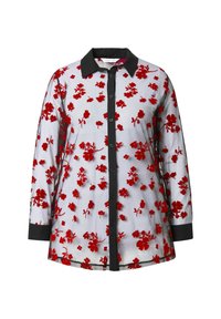 Camicia floreale trasparente con motivi di fiori rossi, colletto nero e bottoni. Maniche lunghe con polsini neri a contrasto. Tessuto leggero.
