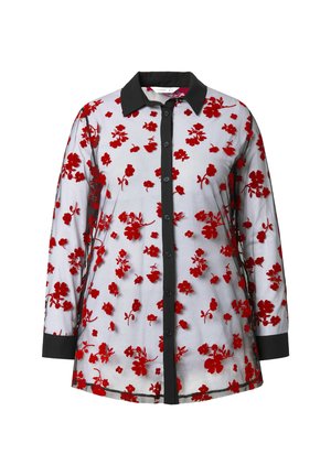 Camisa floral transparente con patrones de flores rojas, cuello negro y botones. Mangas largas con puños negros a contraste. Tejido ligero.