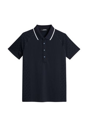Navy polo shirt with a textured geometric pattern on the sides, contrasting white collar, and three blue buttons on the placket.