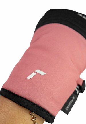 Pink cooking glove with a textured surface, black trim, and a white logo. Features a secure cuff for easy wear and removal.