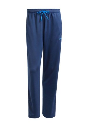 Navy blue athletic pants made of smooth fabric, featuring an elastic waistband with a blue drawstring and a small logo on the side.