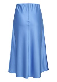 Hame cekung satin berwarna biru muda dengan desain melebar, menampilkan tekstur halus dan pinggang elastis. Ujungnya sedikit melengkung.