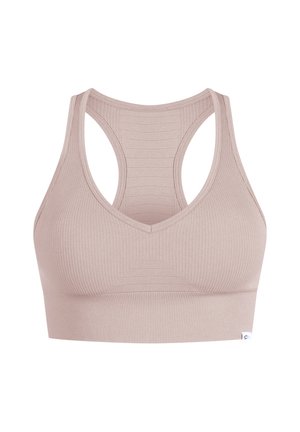 Väri vaaleanbeige urheilBra, jossa on ribbitekstuuri, V-mallinen kaula-aukko ja leveä urheilutakki. Sisältää sileän vyötärönauhan ja hienovaraisen logon sivussa.