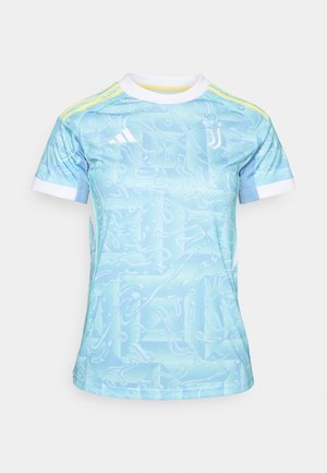 Hellblaues Sporttrikot mit wellenförmigem Muster, weißem Kragen und gelben Akzenten. Hergestellt aus atmungsaktivem Material, entworfen für den Sport.