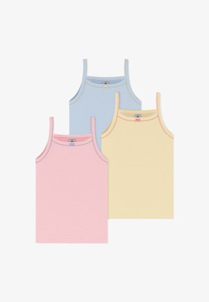 Kolm pastelltoonides triibulist topi: sinine, roosa ja kollane. Igal ühel on õhukesed rihmad ja peen horisontaalsete triipudega muster.