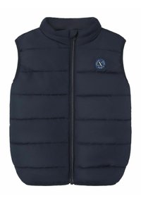 Marintröja med hög krage, zip-stängning och horisontellt sömmande paneler; har en cirkulär logotyp på bröstområdet.