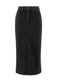 Svart denim midi kjol med hög midja, slits framtill, bältesslingor och två sidofickor. Slät textur med en klassisk snitt.