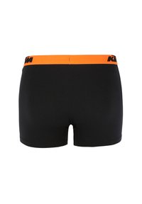 Schwarze Boxer-Shorts mit schlichtem Design, elastischem orangenem Bund mit schwarzer Markenkennzeichnung und glatter Stoffstruktur.