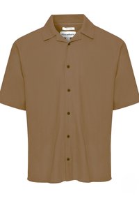 Brun kortærmet skjorte lavet af en blanding af linned, med en klassisk krave og fem frontknapper til lukning. Glat, let tekstur.