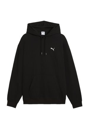 Schwarzer Kapuzenpullover mit vorderer Kängurutasche und weißem Puma-Logo auf der Brust, mit Kordelzug an der Kapuze.