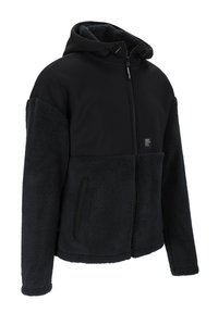 Zwarte zip-up hoodie met fleece gevoerd lichaam, gladde mouwen, verstelbare capuchon, twee zijzakken en labeldetail op de voorkant.