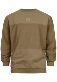 Brown sweatshirt with a crew neckline, featuring a textured upper panel and ribbed cuffs. Brand logo patch on the chest. Simple design.