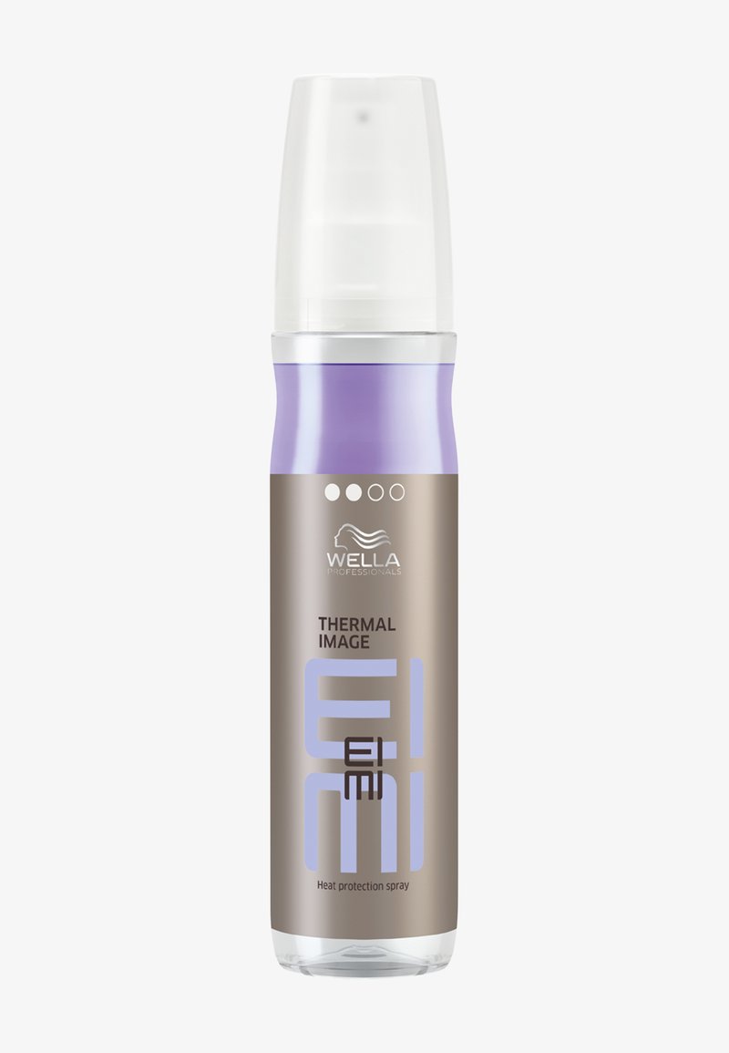 Spray de protection thermique Wella Professionals Thermal Image avec bouteille violette et beige et bouchon pulvérisateur en plastique transparent.