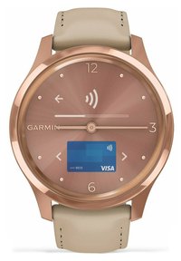 Smartwatch ibrido Garmin oro rosa con cinturino in pelle beige che mostra il display per i pagamenti contactless con carta Visa.