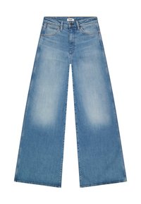 Ανοιχτό μπλε τζιν παντελόνι με φαρδιά μπατζάκια, εμπρός τσέπες, κούμπωμα με κουμπιά και ξεθωριασμένες λεπτομέρειες στους μηρούς, με την ετικέτα Wrangler στη μέση.