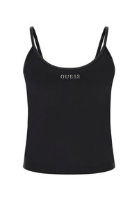 Crna majica bez rukava s tankim naramenicama, zaobljenim izrezom i malim srebrnim logotipom "GUESS" na prednjoj strani. Glatka tekstura, uski kroj.