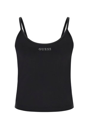 Black tank top featuring thin straps, a rounded neckline, and a small silver "GUESS" logo on the front. Smooth texture, fitted design.