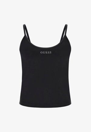 Crna majica bez rukava s tankim naramenicama, zaobljenim izrezom i malim srebrnim logotipom "GUESS" na prednjoj strani. Glatka tekstura, uski kroj.