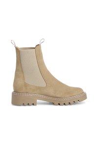 Beige Wildleder-Stiefelette mit elastischen Seitenpaneelen, Zuglaschen und einer dicken, geriffelten Gummisohle, die kontrastierende Nähte entlang der Kante aufweist.