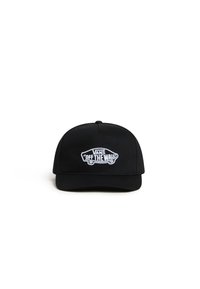 Gorra de béisbol negra de tela, con un logo bordado en blanco que dice "VANS OFF THE WALL" en un diseño estilizado de coche en la parte frontal.