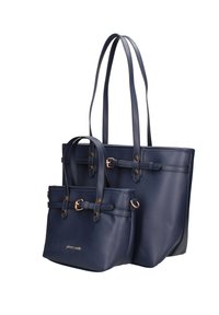 Twee marineblauwe handtassen van gestructureerd leer. De grotere tote heeft lange hengsels en subtiele gouden accenten. De kleinere tas heeft korte hengsels en een strak ontwerp.