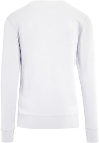 Hvit crewneck sweatshirt, lange ermer, mykt bomullsmateriale, ribbede mansjetter og nederkant, glatt tekstur, minimalistisk design uten dekorasjoner.