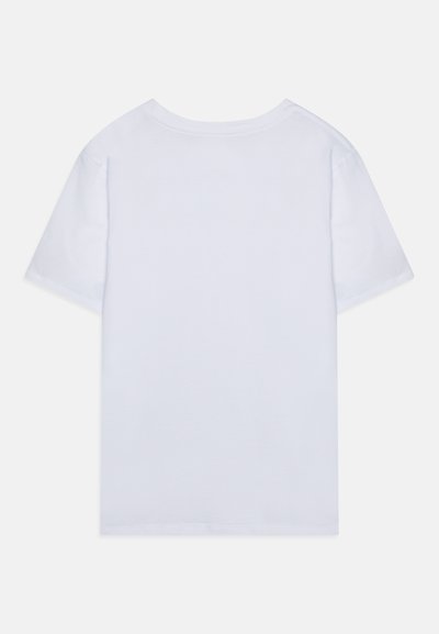 Camiseta blanca de manga corta con escote redondeado, textura suave y sin patrones ni gráficos visibles. Solo se muestra la vista trasera.