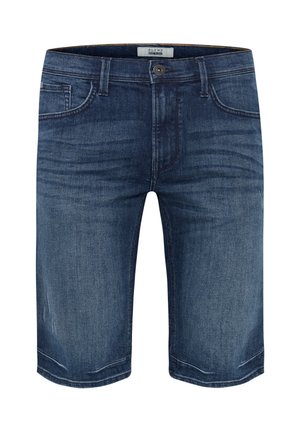 Short en denim bleu foncé avec braguette à boutons, passants de ceinture, poches avant et moustaches délavées, sur fond blanc.