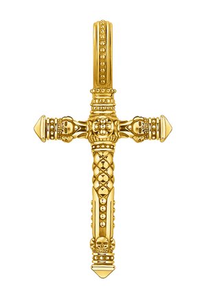 Goldener verzierter Kreuzanhänger mit erhabenen Totenköpfen an den Enden und filigranen floralen und Perlenmustern entlang der vertikalen und horizontalen Stangen.
