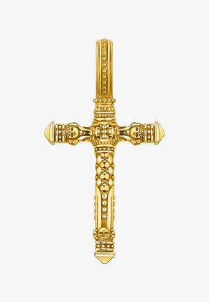 Goldener verzierter Kreuzanhänger mit erhabenen Totenköpfen an den Enden und filigranen floralen und Perlenmustern entlang der vertikalen und horizontalen Stangen.
