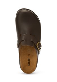 Zoccoli in pelle marrone con fibbia in ottone regolabile e soletta in suede, marchiati "Scholl", di misura 38.